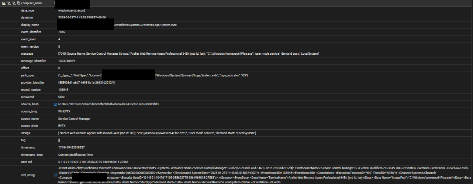 Atelier Web Remote Agent service creation in Windows System Event Log